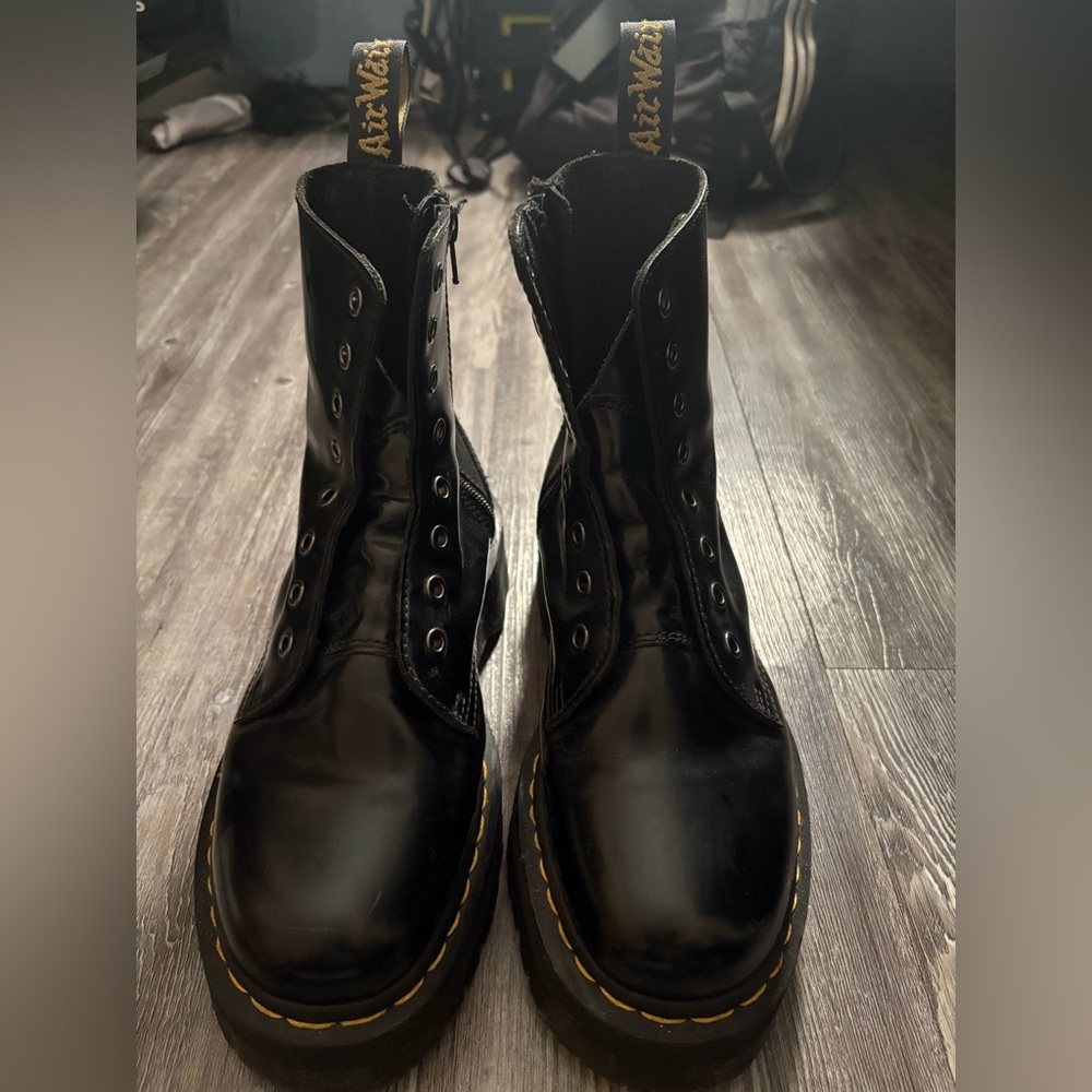 Dr. Martens Black Leather Boots with Yellow Stitching